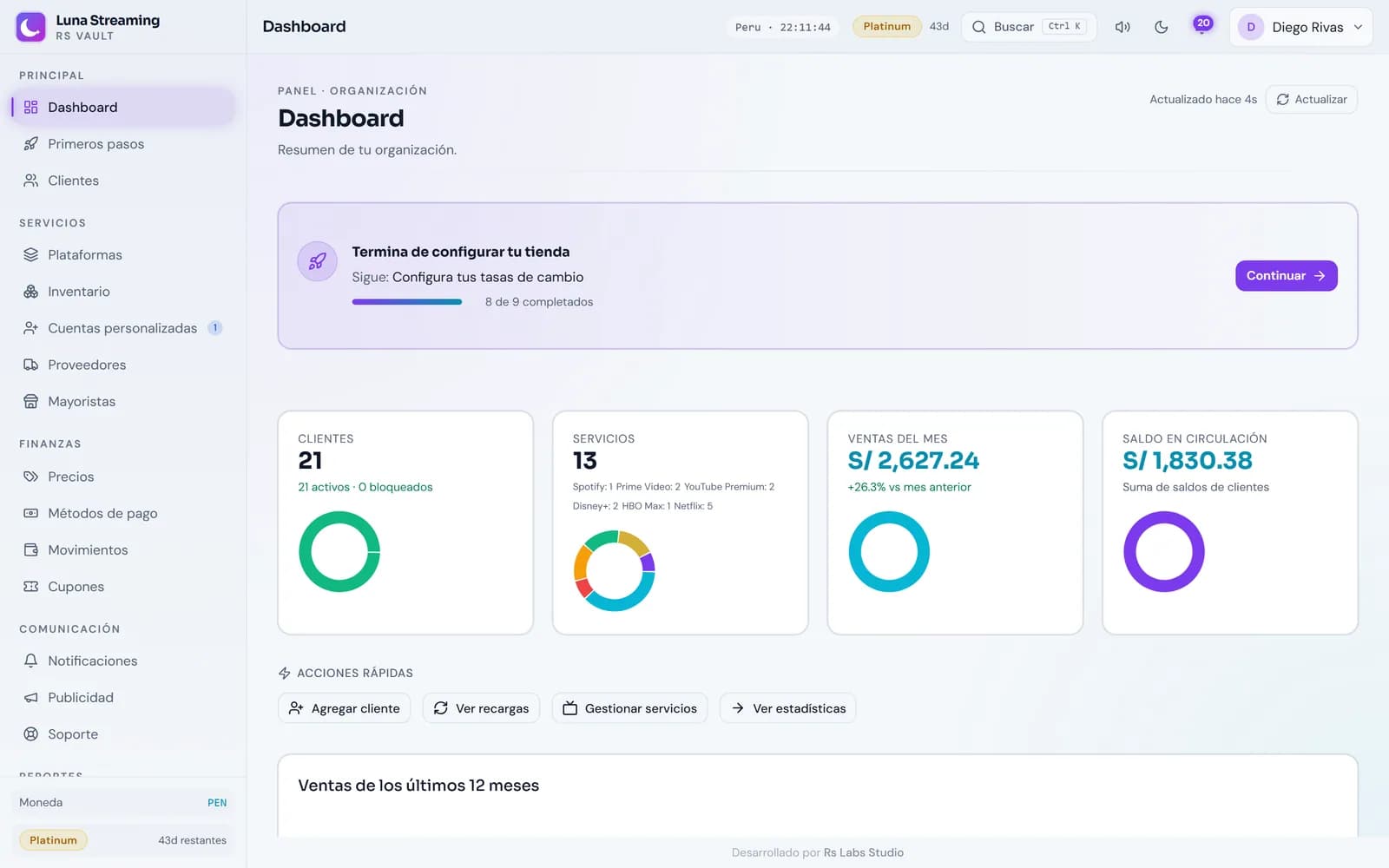 Dashboard del pannello Admin di RS Vault con clienti, servizi, vendite del mese e saldo in circolazione