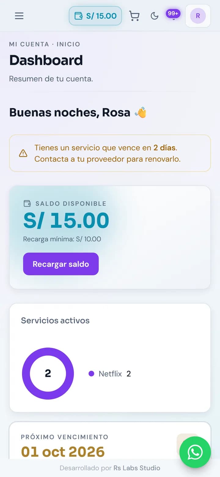 Pannello del cliente sul telefono con saldo disponibile, servizi attivi e avviso di scadenza